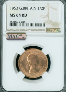 1953 GREAT BRITAIN 1/2P HALF PENNY NGC MS64 RD PQ MAC SPOTLESS * - Picture 1 of 4