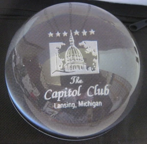 The Capitol Club Lansing, Michigan Paperweight Round Clear Glass - Picture 1 of 5