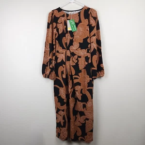 Boden Dress Women 6 Petite Brown Black Floral Midi Long Sleeve Viscose Stretch - Picture 1 of 18