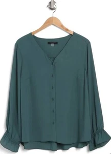Blusa T Tahari para mujer con puños con volantes en goleta azul talla S nueva - Imagen 1 de 4