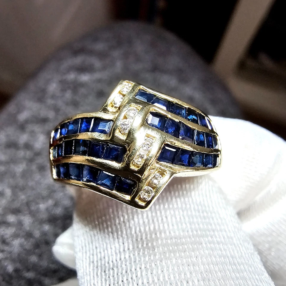 9ct 9K 375 Gold Sapphire & Diamond Cocktail Cluster Ring – Size K 1/2 – 3.70g - Image 1 of 4