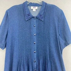 90s Modern Woman Long Denim Dress Embroidered Pleated Front 24W VTG Cottagecore - Picture 1 of 7