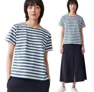 COS Women’s Short Sleeve Round Neck T-Shirt Striped Cotton White Blue Size Small - Picture 1 of 8