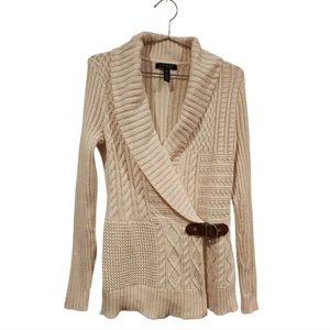 LAUREN RALPH LAUREN Strickjacke mit Lederverschlussdetail Gr. Small creme Zopfmuster - Bild 1 von 8