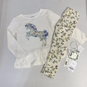 Toddler Unicorn Long Sleeve Graphic Tee (3T) Floral Leggings Beige (2T) - Picture 1 of 13