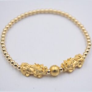 999 24K Yellow Gold Bracelet Real Gold Chain Lucky Pixiu and 18K 3mm Beads Link