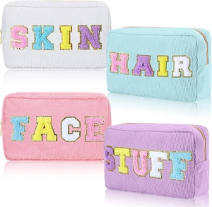 4 Pcs Preppy Makeup Bags Chenille Letter Travel Organizer Face Skin Hair Stuff C - Picture 1 of 7