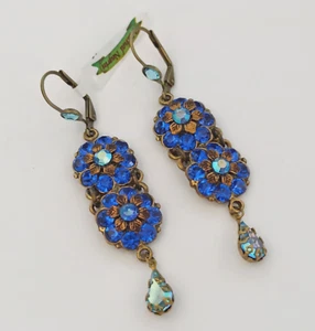 Michal Negrin Earrings Royal Blue With Swarovski Crystals Statement Long Flowers - Picture 1 of 19
