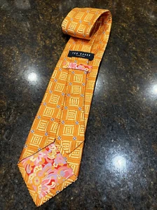 Ted Baker London 100% Silk Orange Geometric Pattern Neck Tie w/ Floral Lining - Picture 1 of 11
