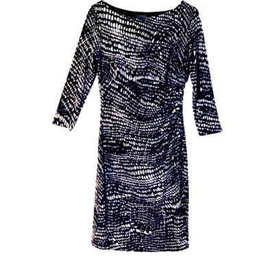LAUREN RALPH LAUREN DRESS BLACK AND WHITE RUCHED WAIST 3/4 SLEEVE SIZE 10 LINED - Image 1 of 4