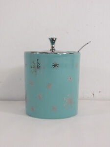 Mid 20th Century Midwinter Blue Silver Snowflake Pattern Preserve Pot with Lid