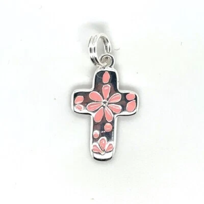 Colgante con dije de cruz de plata de ley rosa esmalte flor 🌸 2 g Foto 1 de 4