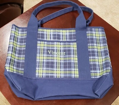 Bolso de Mano Pottery Barn Kids Azul Verde Lona a Cuadros Nombre "Vincent" Nuevo Foto 1 de 4