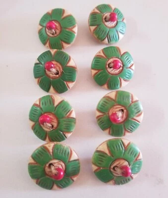 Lot (8) Hand Painted Flower Buttons Green Red Floral 1" Sewing - Image 1 of 3