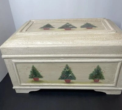 Hand Painted Trunk Christmas Tree Storage Chest Keepsake Box Brass Handles - Image 1 of 4