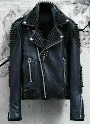 Men Full Punk Black Metal Spiked Studded Real Leather Biker Jacket with pockets - Image 1 of 4