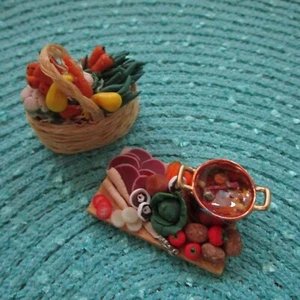 Vintage Dollhouse Miniature Vegetable Basket Cutting Board Soup Pot GUC Damage - Picture 1 of 20