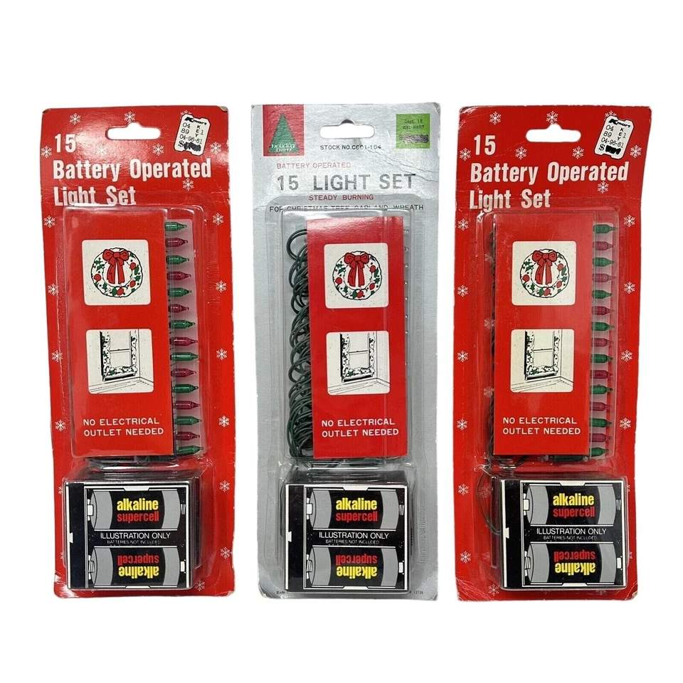 Battery Operated Christmas String Lights Red Green White Decoration NOS 15 Light - Image 1 of 4