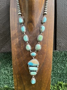 Navajo Sterling Silver Royston Turquoise Chain Lariat Bead Necklace K Yazzie - Picture 1 of 12