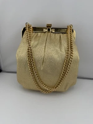 Vintage 60s 70s Bow Gold Lamé Clutch 6" Purse Chain Holiday Party Dressy Sparkly - Image 1 of 4