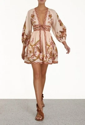 Zimmermann Cassia Plunge Bow Mini Dress Cream Bird Floral BNWT RRP $695 Size 2 - Image 1 of 4