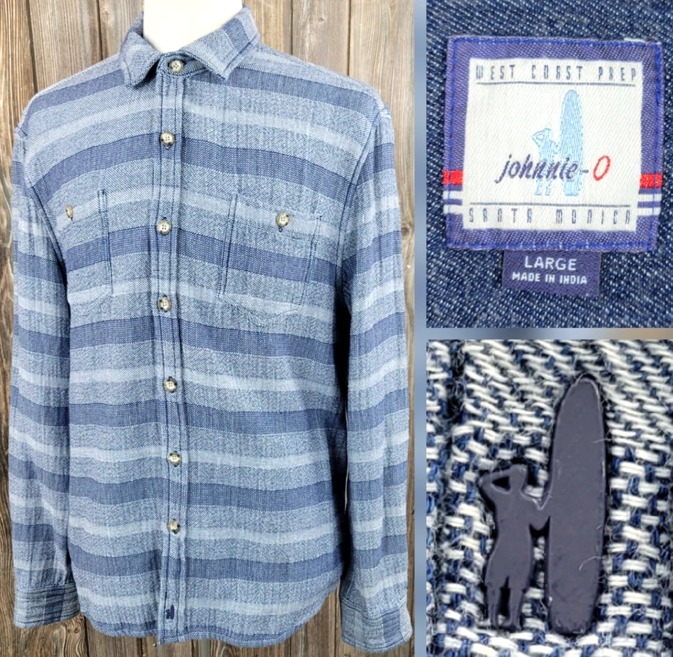 Camisa de Franela Johnnie-O Rayas Tejida Azul West Coast Prep Santa Mónica Para Hombres L Foto 1 de 4