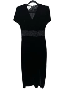 Y2K Maggy London Black Velvet Illusion Waist Whimsygoth Midi Dress Size 8 - Picture 1 of 11