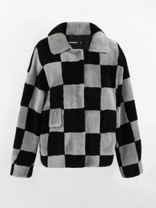 Fluffy Checkerboard Fur Coat Women's Long Sleeve Lamb Wool Warm Collared Jacket - Picture 1 of 16