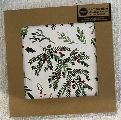 HECHO A MANO Vintage Acebo Cerámica Trivet con Corcho Trasero 8" Cuadrado Nuevo en Caja Foto 1 de 4