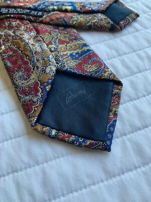 Corbata Brioni Roja Naranja Marrón y Azul Marino Estampado Paisley Seda Cuello ¡Como Nueva! Foto 1 de 4