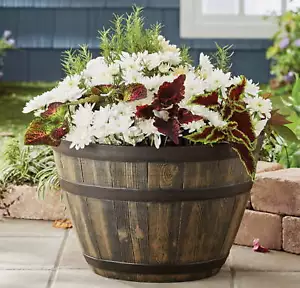Whiskey Barrel Brown Resin Planter, 19.9in x 19.9in x 13in - Picture 1 of 8