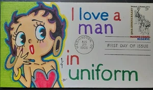 1966 Marine Corps Reserve First Day Cover~ Hand Drawn Colored 1/1~Betty Boop  - Picture 1 of 2