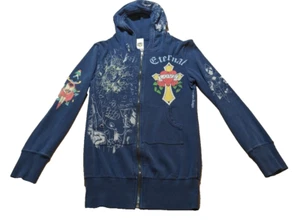 Ed Hardy Vintage Women's Full Zip Hoodie Navy Blue Eternal Love Size X-Small Y2K - Picture 1 of 11