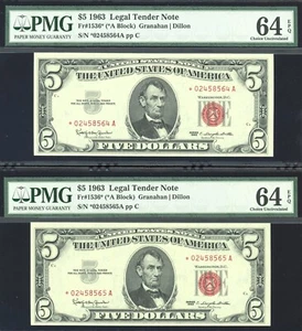 Set of 2 *STAR* Consecutive 1963 $5 Dollar Notes Red Seal "Uncirculated" PMG 64 - Picture 1 of 2