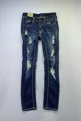 Machine Womens Size 28 Dark Wash Low Rise Distressed Straight Jeans - Image 1 of 4
