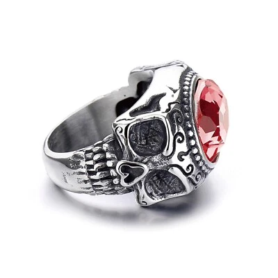 Gothic Red CZ Skull Ring Stainless Steel Men's Biker Hip Hop Wedding Skull Ring - Image 1 of 4