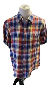RALPH LAUREN Mens M Short Sleeve Shirt Plaid Button Down Red - Preowned - Picture 1 of 3