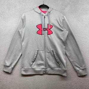 Under Armour Womens Hooded Jacket Gray Pink Fleece Long Sleeve Full Zip Size M - Picture 1 of 12