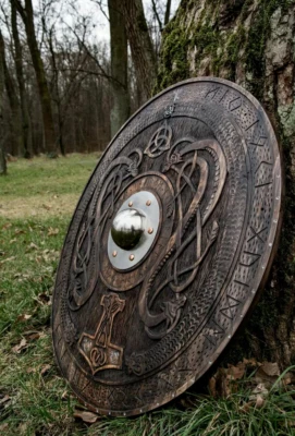 Norse Shield , Hand Carved Viking Warriors Shield , Authentic Norse-Inspired Dec - Image 1 of 4