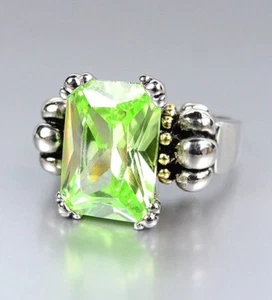 CLASSIC Silver Emerald-cut Light Green Peridot CZ Crystal Glacier Caviar Ring - Picture 1 of 3