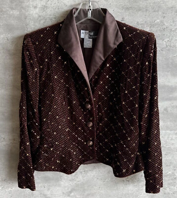 复古 20 世纪 90 年代 After Five 珠饰深 Mahagony 棕色天鹅绒串珠西装外套 L 码 — 第 1/4 张图片