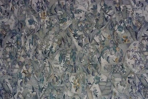 Vintage Japanese Silk Kimono Fabric Floral Cityscape Blue Green White 105CM(41") - Picture 1 of 10