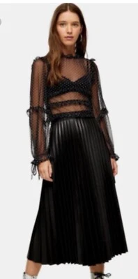 Topshop Falda Midi Plisada Piel Sintética en Negro Talla US 4 Foto 1 de 4