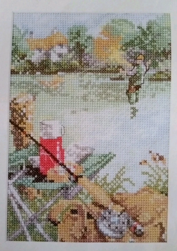 Cross Stitch "GONE FISHING" pattern ~ pole, fisherman, thermos, creek - Image 1 of 1