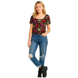 Vintage 90s Kasper Abstract Floral Blouse Sz 8 Square Neck Black Y2K Top - Picture 1 of 8