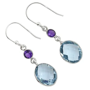 Pendientes de plata 925 con topacio azul cielo a cuadros briolette y amatista E-1002 - Imagen 1 de 5
