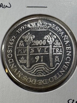 1992 Spain 2000 Pesetas Silver Proof Coin Encounter of Two Worlds Commemorative - Image 1 of 4