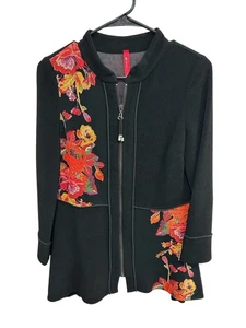 IC by Connie K Floral Full Zip Jacket Black Red Sz Small Long Sleeve Textured - Picture 1 of 10