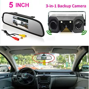 3IN1 Backup Camera Radar Sensor Beeper + 5" Car Reverse Rear View Mirror Monitor - Picture 1 of 10