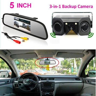 3IN1 Backup Camera Radar Sensor Beeper + 5" Car Reverse Rear View Mirror Monitor - Image 1 of 4